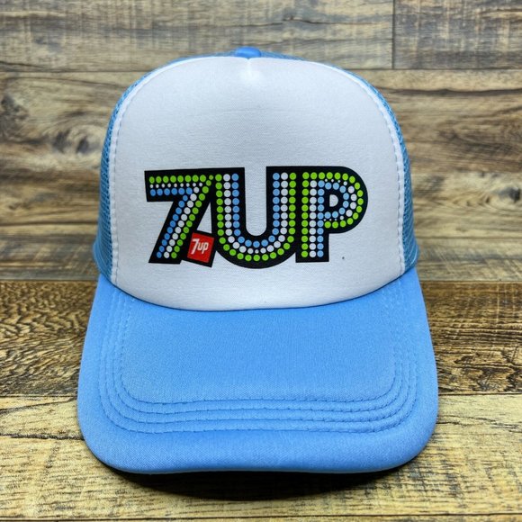 7UP Mens Trucker Hat Blue Snapback Vintage 1970s Logo Soda Retro Baseball Cap - Picture 2 of 8